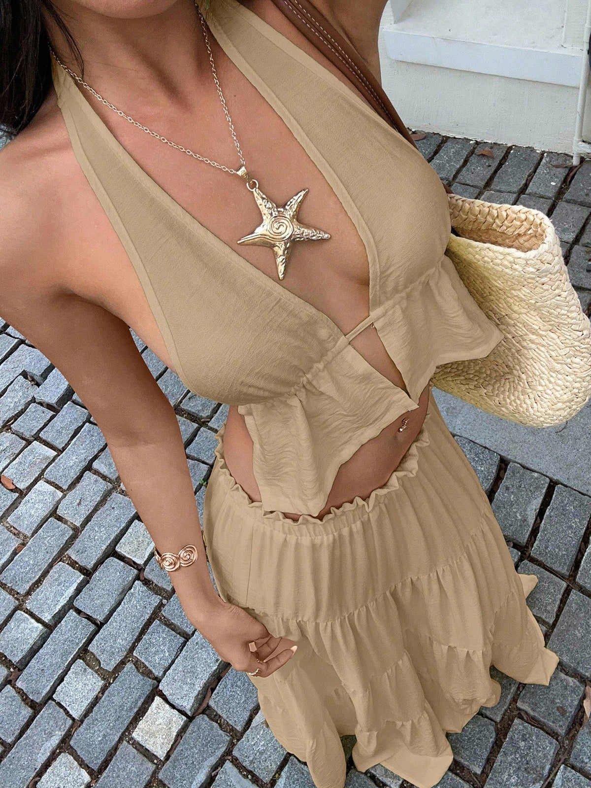 Unity Women Boho Summer Khaki Linen 2-Piece Set,Deep V-Neck Halter Backless Tank Top&Multi-Layer Ruffle Hem Maxi Skirt, Beach Vacation Holiday,Holiday