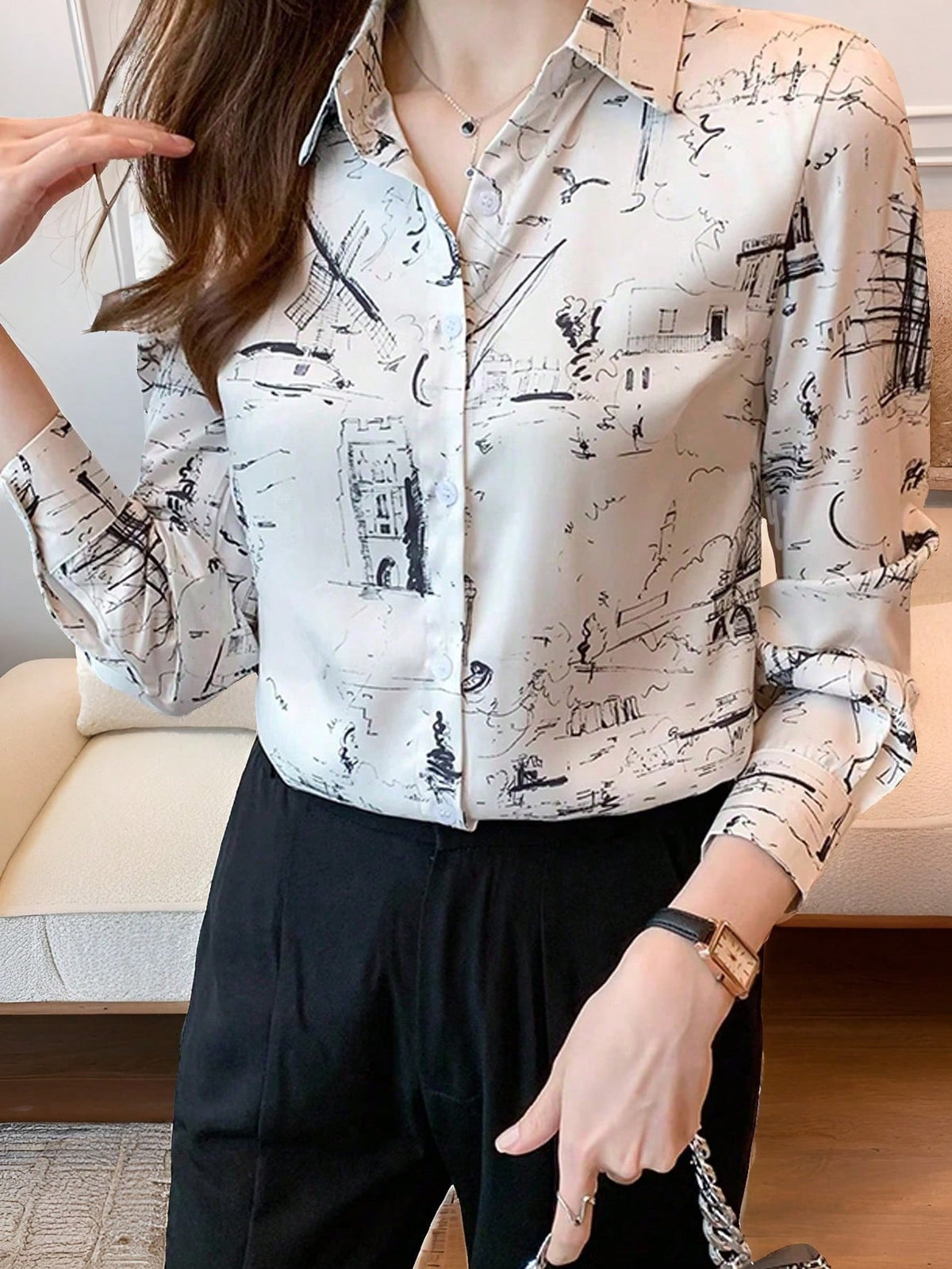 Unity Women Printed Shirt With Full Button Front, Collar And Flip Cuffs,Long Sleeve Tops Fall Cloth For Women