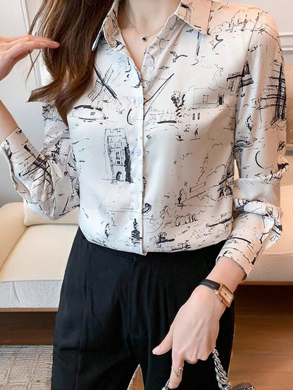 Unity Women Printed Shirt With Full Button Front, Collar And Flip Cuffs,Long Sleeve Tops Fall Cloth For Women