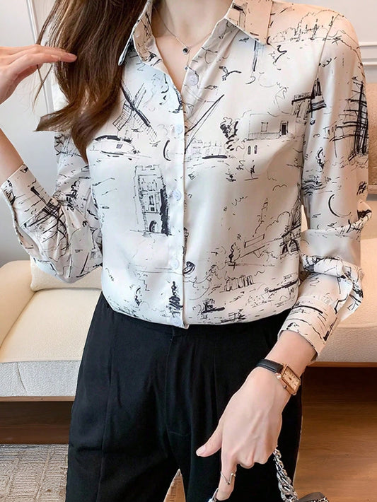 Unity Women Printed Shirt With Full Button Front, Collar And Flip Cuffs,Long Sleeve Tops Fall Cloth For Women