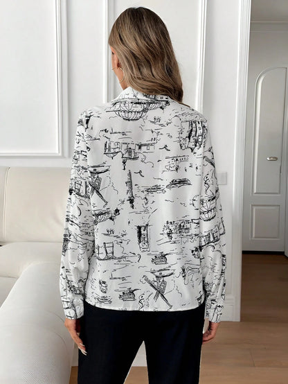 Unity Women Printed Shirt With Full Button Front, Collar And Flip Cuffs,Long Sleeve Tops Fall Cloth For Women