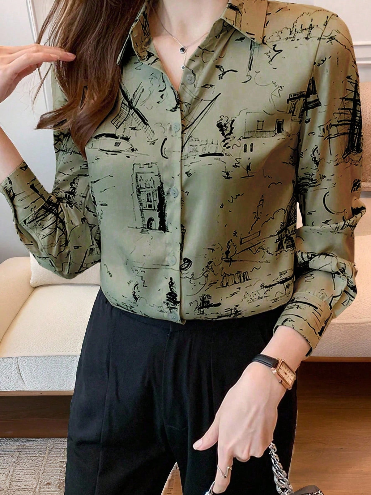 Unity Women Printed Shirt With Full Button Front, Collar And Flip Cuffs,Long Sleeve Tops Fall Cloth For Women