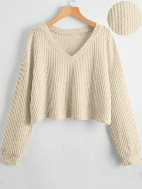 Unity Women's Solid V-Neck Dropped Shoulder Long Sleeve Casual Loose T-Shirt, Autumn & Winter Fall Cloth For Women