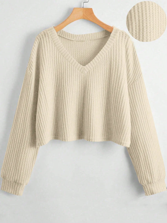 Unity Women's Solid V-Neck Dropped Shoulder Long Sleeve Casual Loose T-Shirt, Autumn & Winter Fall Cloth For Women
