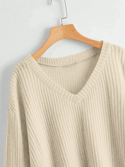 Unity Women's Solid V-Neck Dropped Shoulder Long Sleeve Casual Loose T-Shirt, Autumn & Winter Fall Cloth For Women