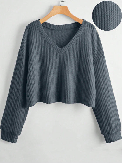 Unity Women's Solid V-Neck Dropped Shoulder Long Sleeve Casual Loose T-Shirt, Autumn & Winter Fall Cloth For Women