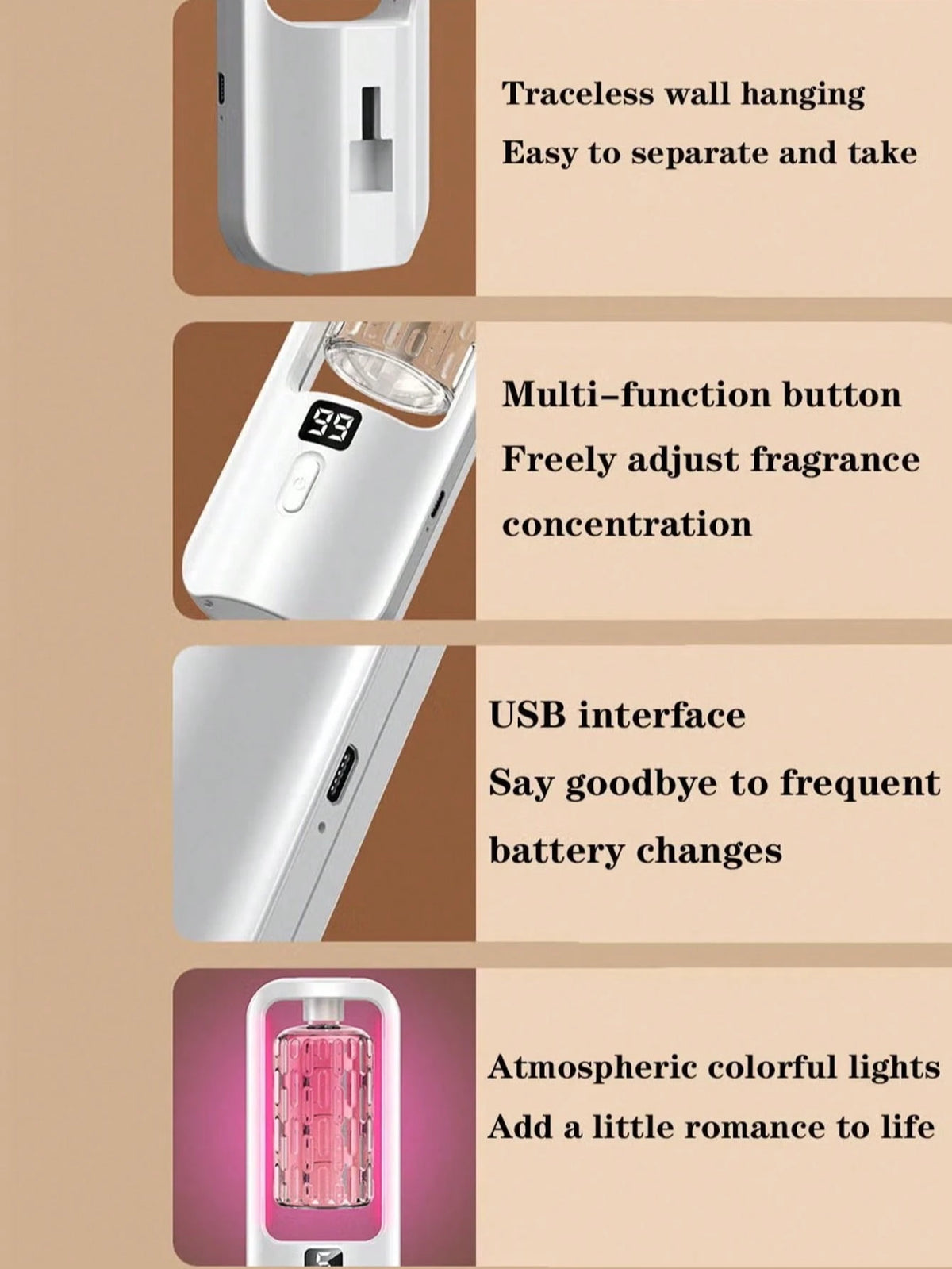USB Rechargeable Essential Oil Diffuser, 5 Mist Modes Adjustable, LED Color Changing Mood Light, Wall Mounted Or Desktop, Digital Display, Continuous & Intermittent Mist Modes, Home, Bedroom, Office