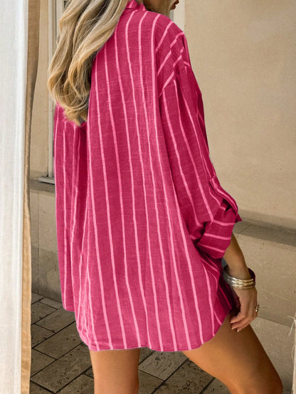 Vaclyn Women's Striped Drop Shoulder Roll-Up Sleeve Single-Breasted Casual Shirt