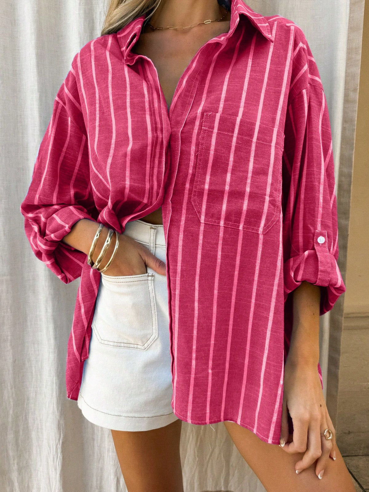 Vaclyn Women's Striped Drop Shoulder Roll-Up Sleeve Single-Breasted Casual Shirt