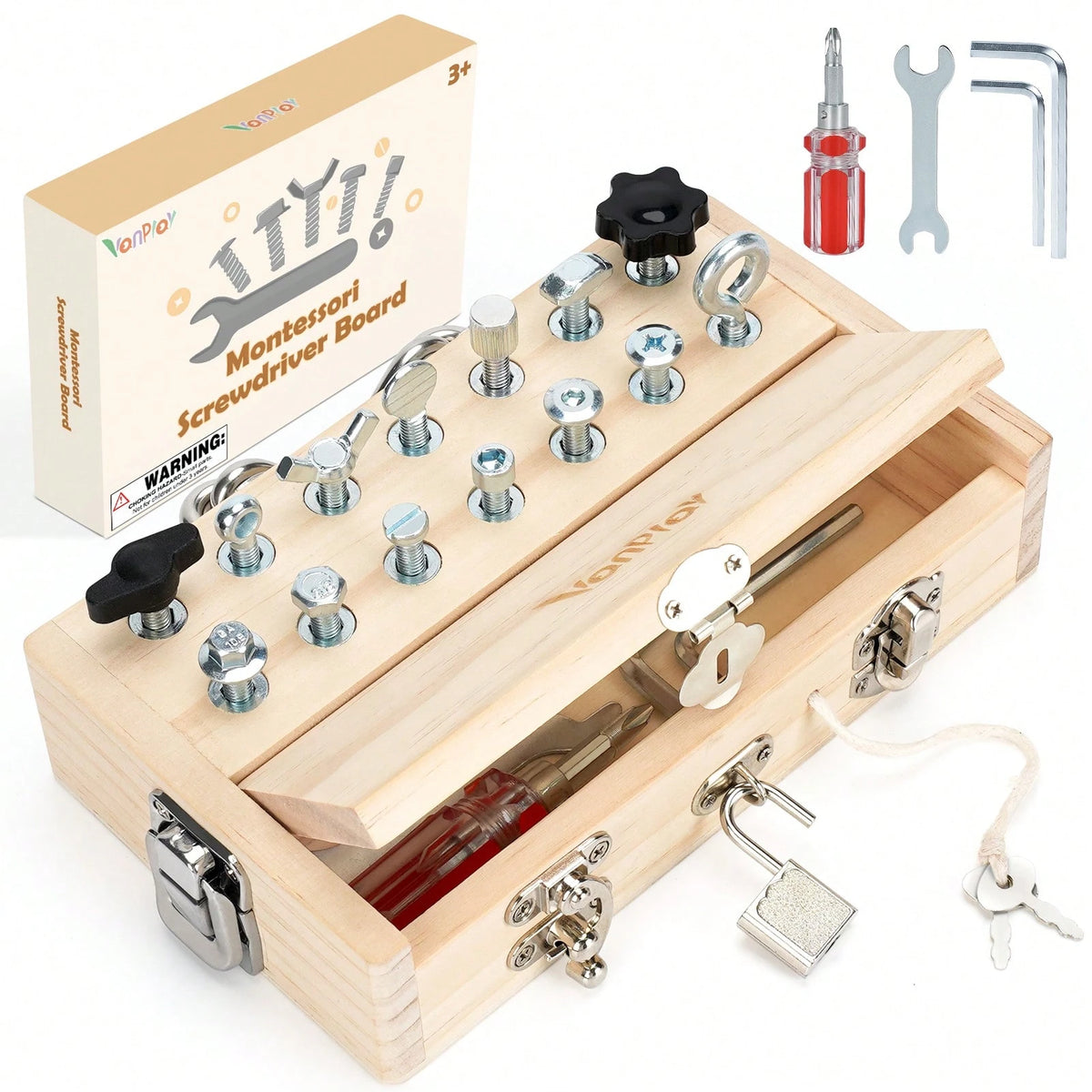 Vanplay Montessori Busy Board For 3-5 Year Olds – Wooden Screwdriver Board Set With Lock And Key, Kid Tool Set, Birthday Gift For 3 Year Old Boy