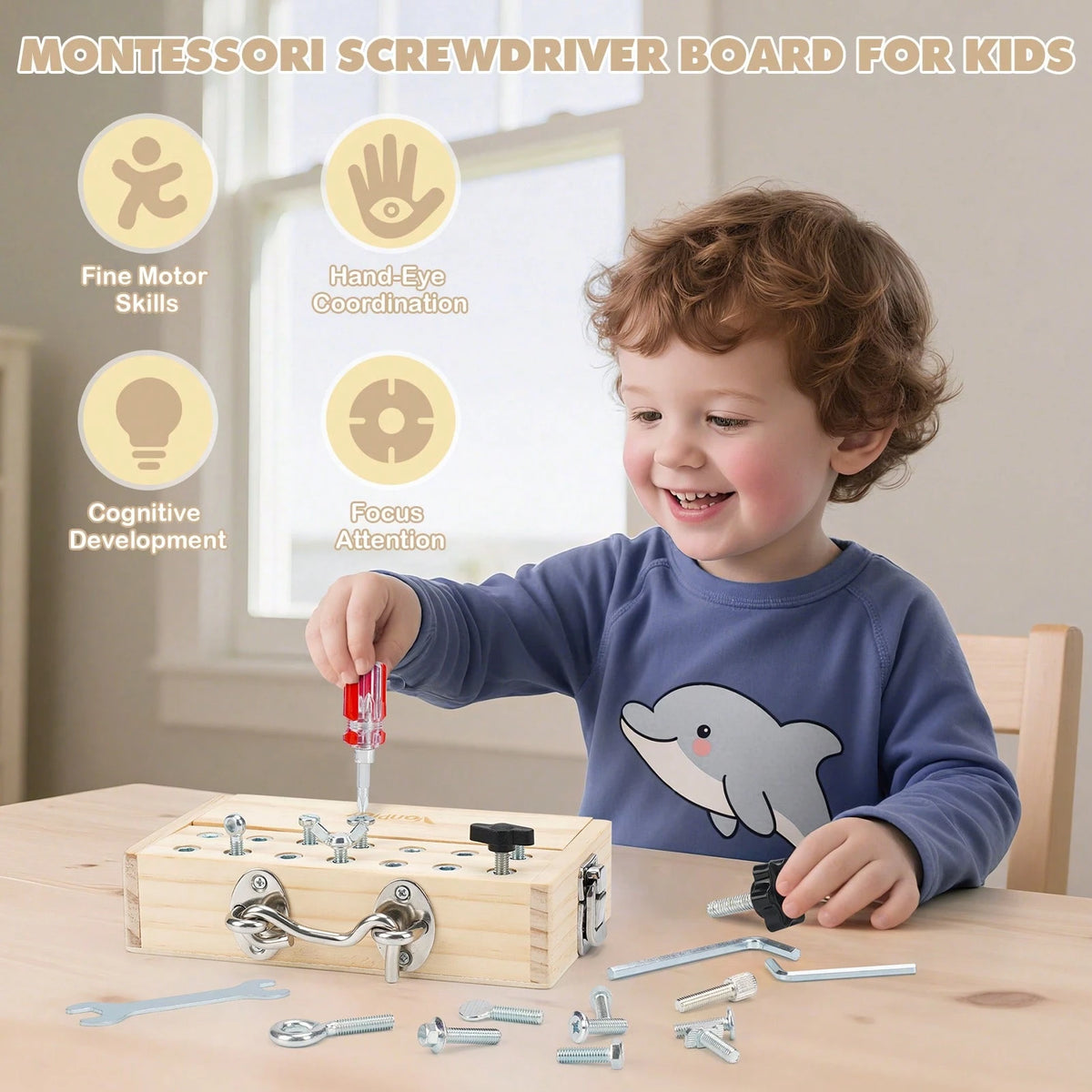 Vanplay Montessori Busy Board For 3-5 Year Olds – Wooden Screwdriver Board Set With Lock And Key, Kid Tool Set, Birthday Gift For 3 Year Old Boy
