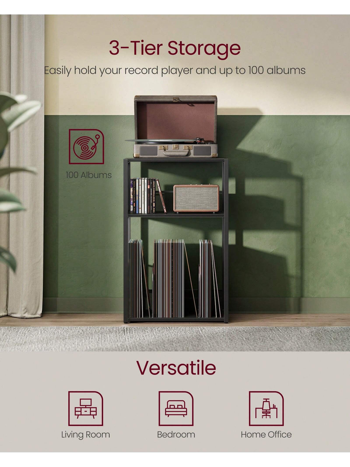 VASAGLE Record Player Stand, 3-Tier Side Table, Vinyl Record Storage Up To 100 Albums, End Table For Living Room, Bedroom