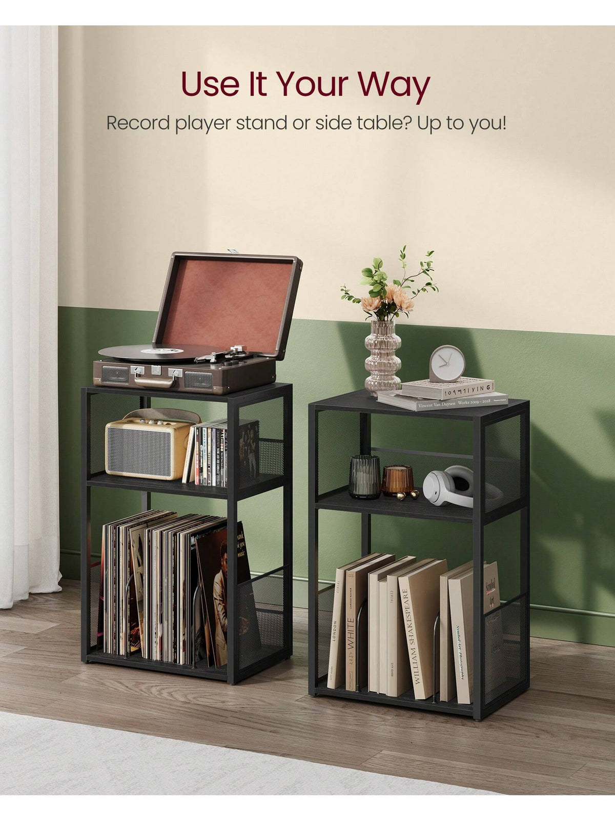 VASAGLE Record Player Stand, 3-Tier Side Table, Vinyl Record Storage Up To 100 Albums, End Table For Living Room, Bedroom