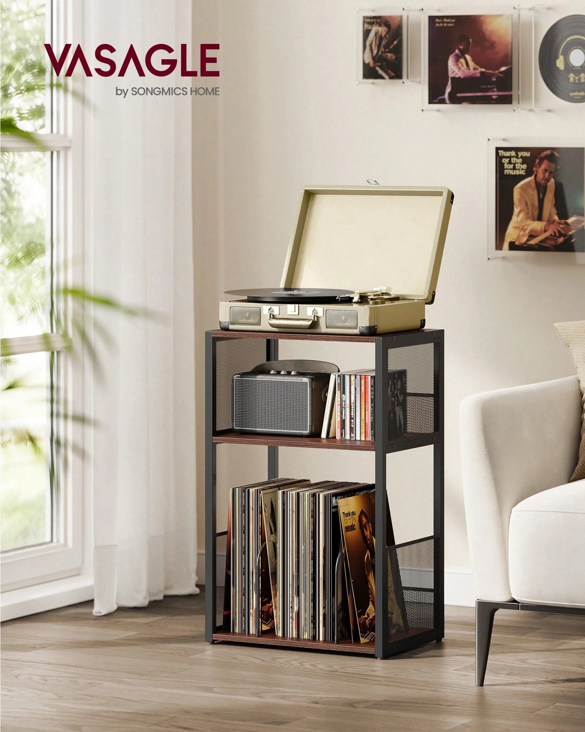 VASAGLE Record Player Stand, 3-Tier Side Table, Vinyl Record Storage Up To 100 Albums, End Table For Living Room, Bedroom
