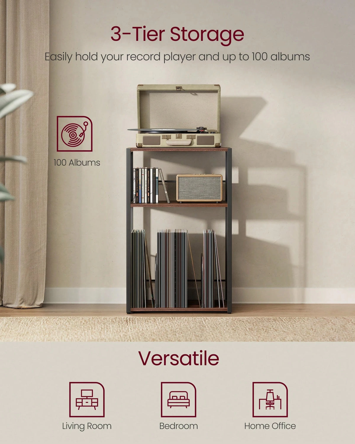 VASAGLE Record Player Stand, 3-Tier Side Table, Vinyl Record Storage Up To 100 Albums, End Table For Living Room, Bedroom