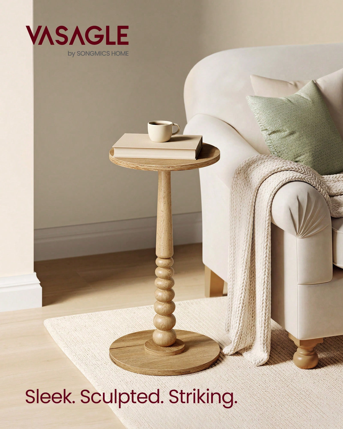 VASAGLE Round Side Table, Small Drink End Table For Small Spaces, Accent Nightstand, Solid Wood Leg, Mid-Century Modern, For Living Room Bedroom