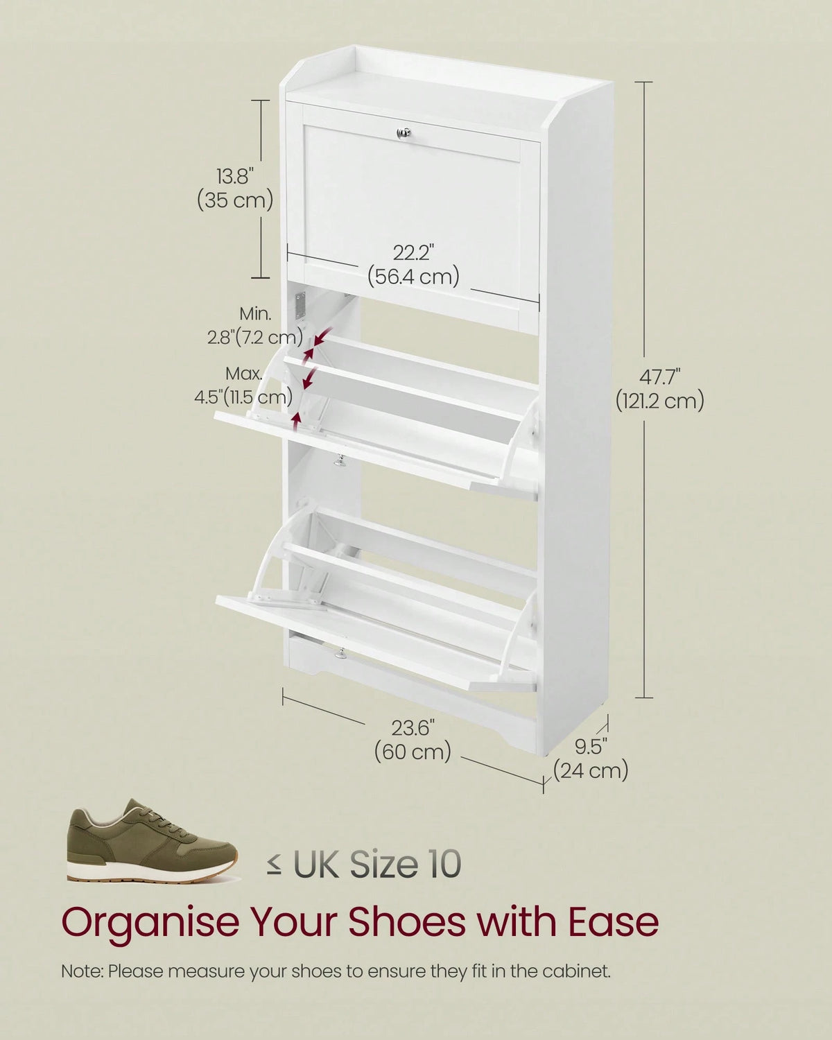 VASAGLE Shoe Cabinet With 3 Flip Drawers, Shoe Storage Cabinet, Adjustable And Removable Dividers, Holds Up To 18 Pairs Of Shoes, Entryway, 9.4 X 23.6 X 42.5 Inches