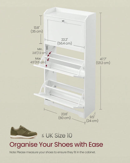 VASAGLE Shoe Cabinet With 3 Flip Drawers, Shoe Storage Cabinet, Adjustable And Removable Dividers, Holds Up To 18 Pairs Of Shoes, Entryway, 9.4 X 23.6 X 42.5 Inches