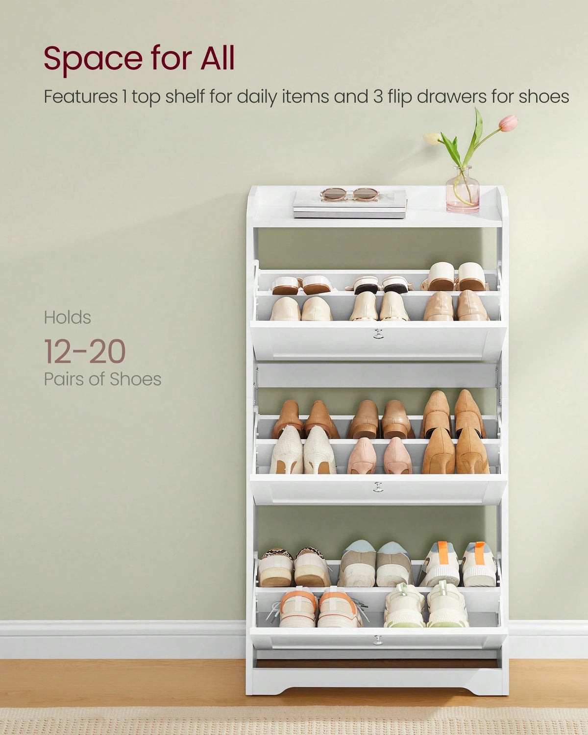 VASAGLE Shoe Cabinet With 3 Flip Drawers, Shoe Storage Cabinet, Adjustable And Removable Dividers, Holds Up To 18 Pairs Of Shoes, Entryway, 9.4 X 23.6 X 42.5 Inches