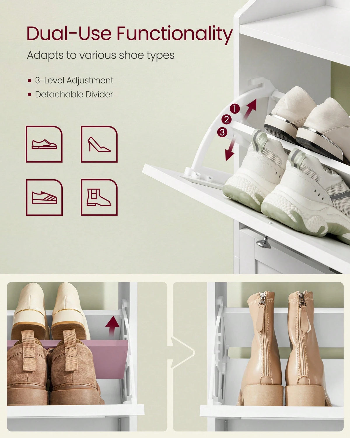 VASAGLE Shoe Cabinet With 3 Flip Drawers, Shoe Storage Cabinet, Adjustable And Removable Dividers, Holds Up To 18 Pairs Of Shoes, Entryway, 9.4 X 23.6 X 42.5 Inches