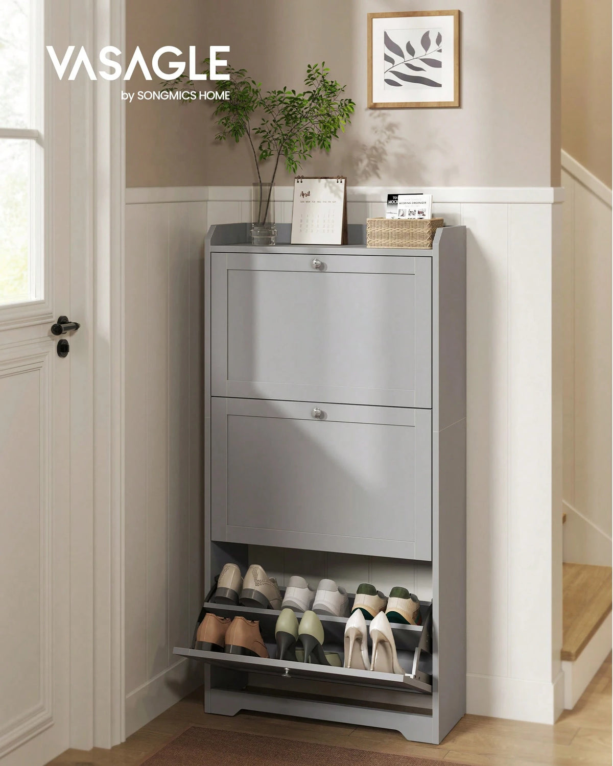 VASAGLE Shoe Cabinet With 3 Flip Drawers, Shoe Storage Cabinet, Adjustable And Removable Dividers, Holds Up To 18 Pairs Of Shoes, Entryway, 9.4 X 23.6 X 42.5 Inches