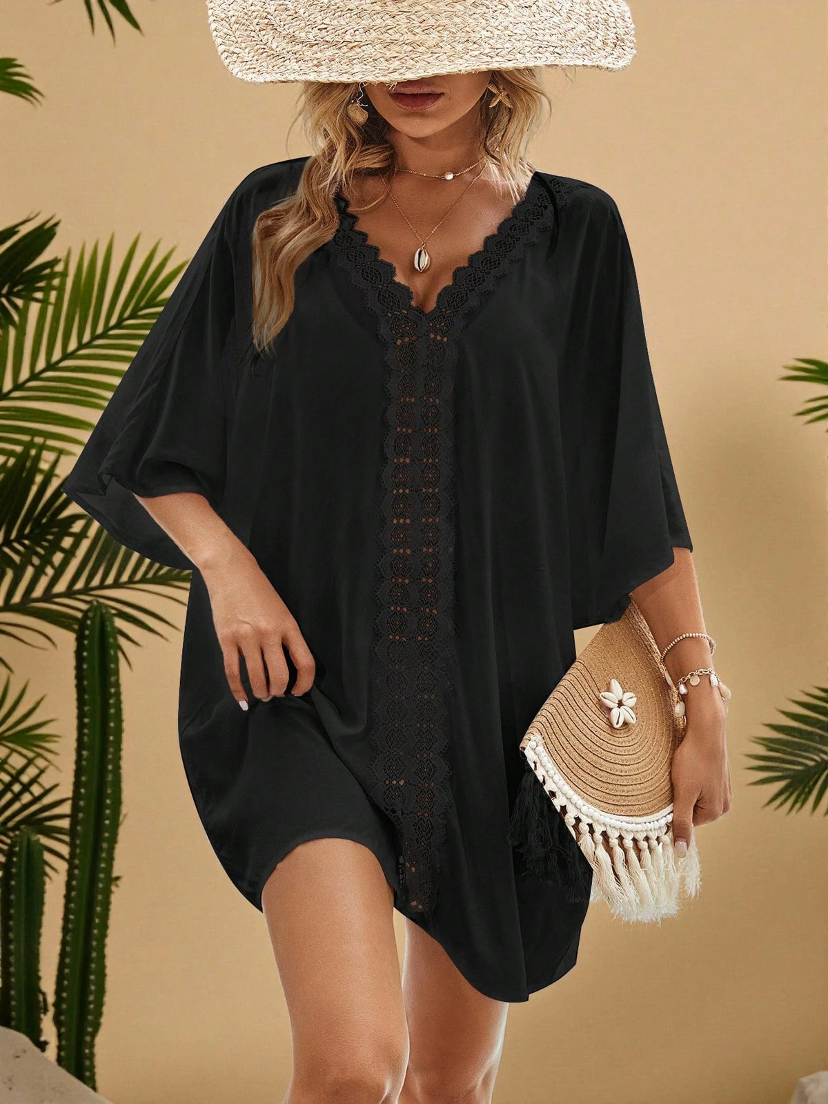 VCAY Plus Size Women Vacation Solid Color Contrast Lace Batwing Sleeve Dress
