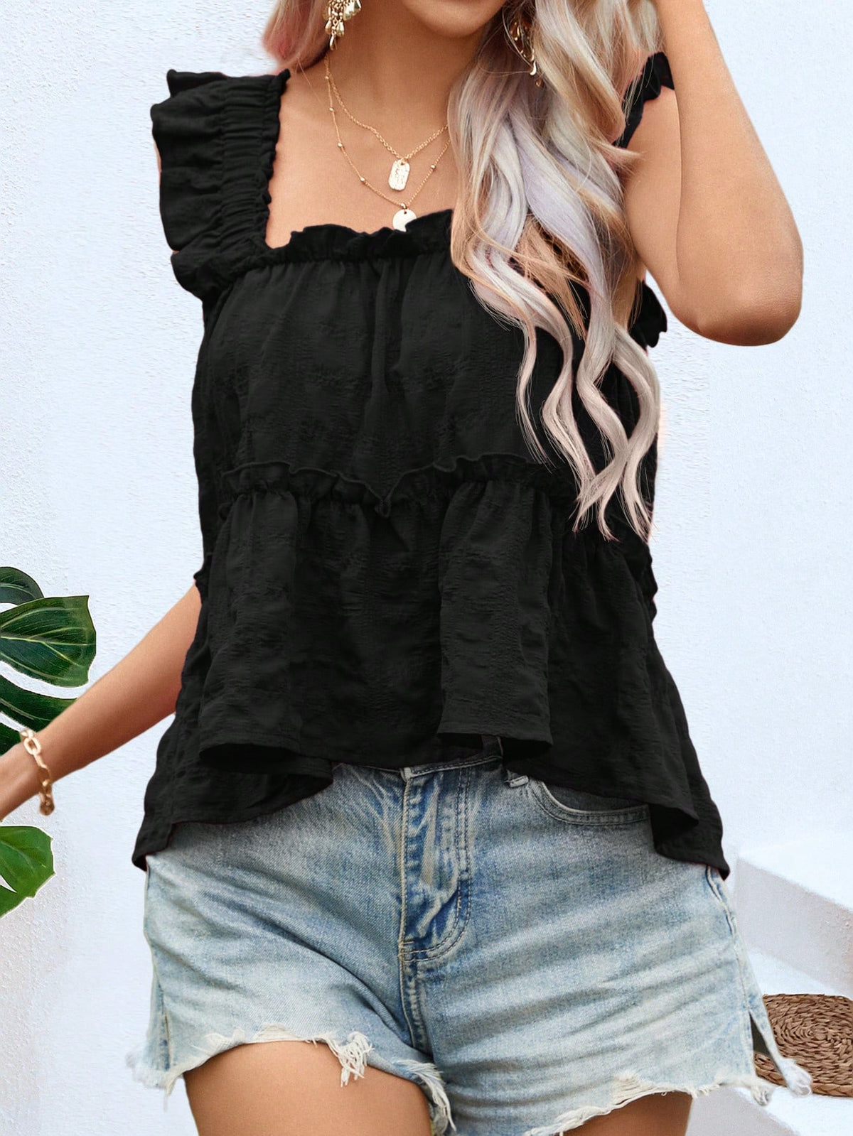 VCAY Solid Color Sleeveless Tank Top With Frill Trimmed Decoration And Square Neckline For Casual Summer