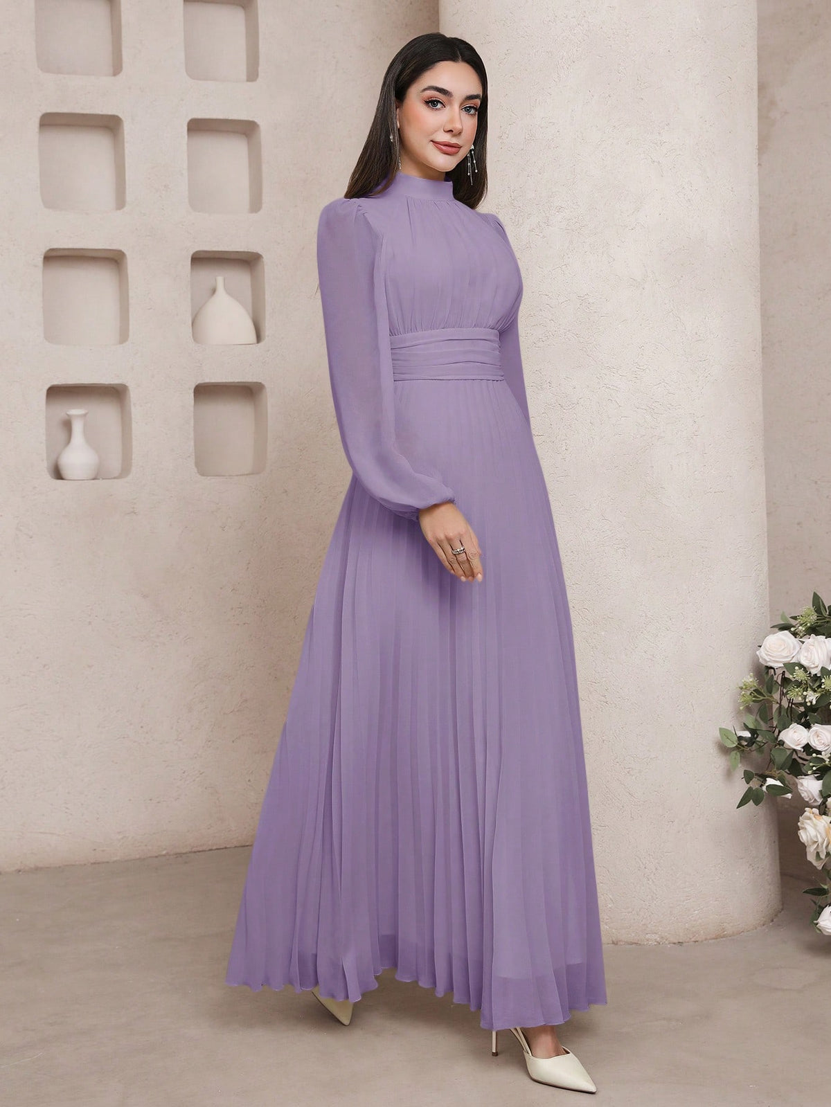 Veilorie Women's Elegant Solid Color Lantern Sleeve Arabic Long Dress Purple