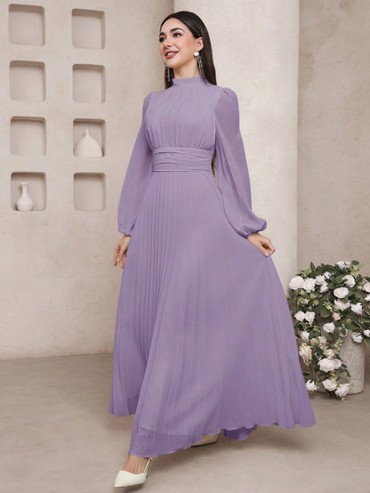 Veilorie Women's Elegant Solid Color Lantern Sleeve Arabic Long Dress Purple