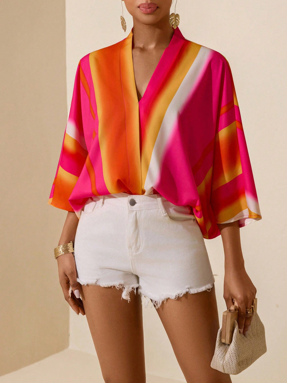 Vesra Women's V-Neck Loose Batwing Sleeve Striped Blouse