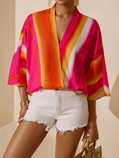 Vesra Women's V-Neck Loose Batwing Sleeve Striped Blouse