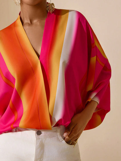 Vesra Women's V-Neck Loose Batwing Sleeve Striped Blouse