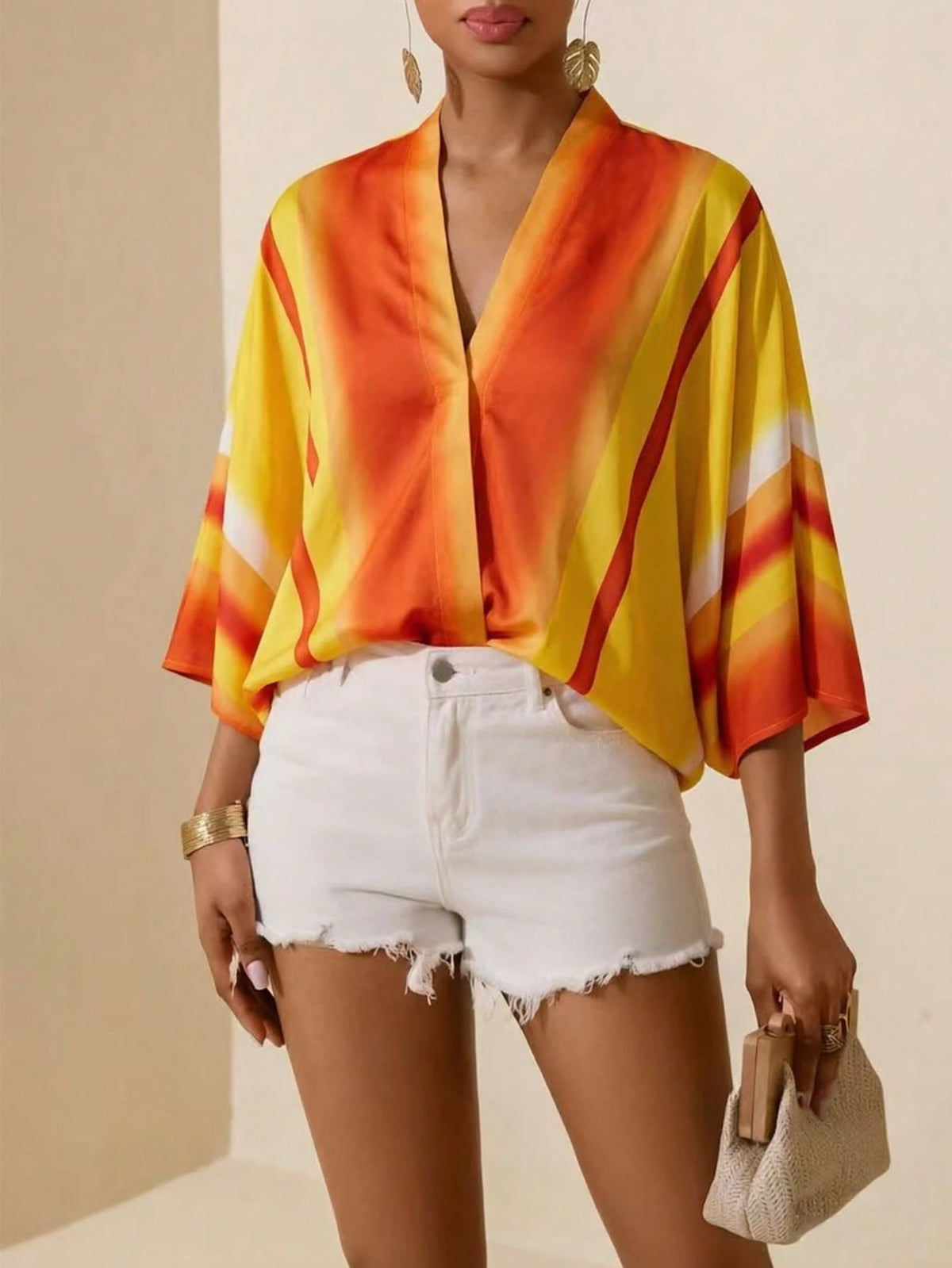 Vesra Women's V-Neck Loose Batwing Sleeve Striped Blouse