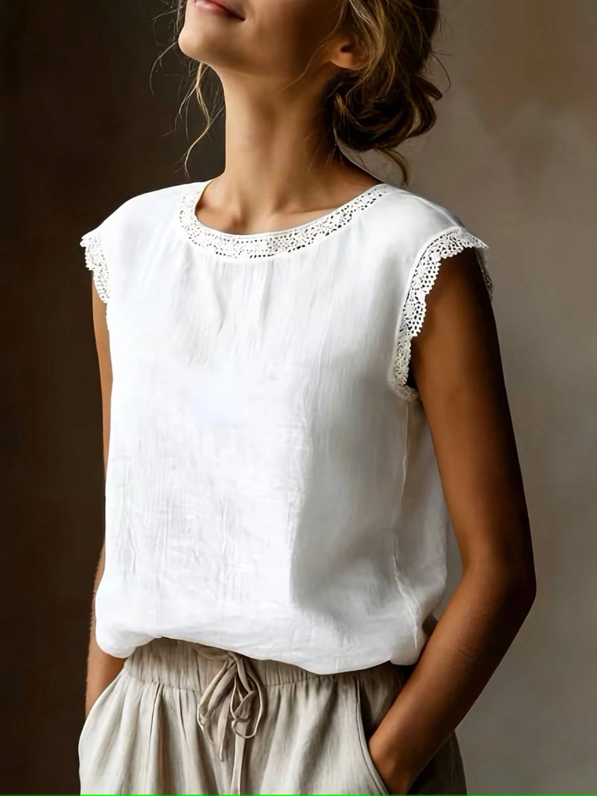 Vintage Linen Short Sleeve Top For Women, Lace Patchwork Round Neck Loose Breathable Linen Blend T-Shirt, Summer