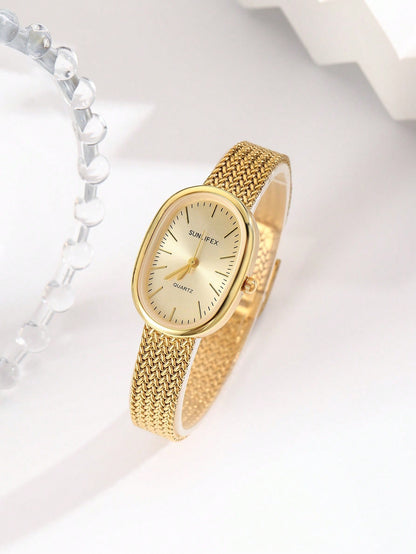 Vintage Oval Watch With Exquisite Small Dial, Fashionable Design For Women, Wheat-Stem Strap