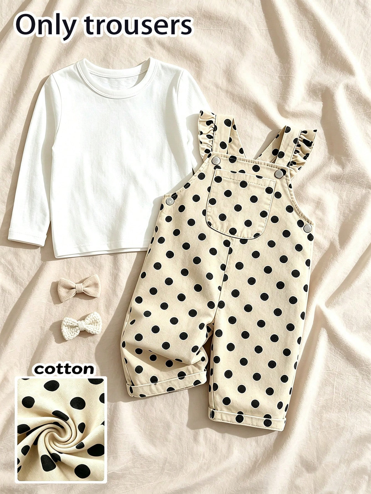 Vintaside Kids 1pc Baby Girl Vintage Cream White With Black Polka Dot Denim Casual Cute Overall Jumpsuit, Ruffle Shoulder Straps, Large Pockets, Loose Wide Leg, Suitable For Outings, Parties, Ba