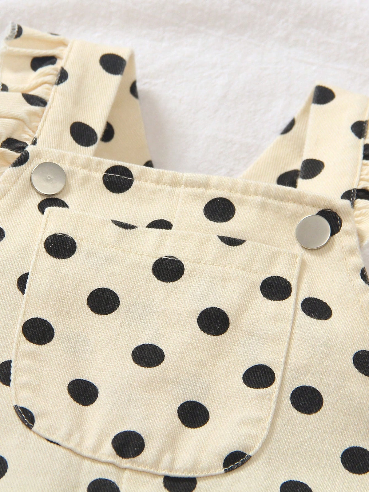 Vintaside Kids 1pc Baby Girl Vintage Cream White With Black Polka Dot Denim Casual Cute Overall Jumpsuit, Ruffle Shoulder Straps, Large Pockets, Loose Wide Leg, Suitable For Outings, Parties, Ba