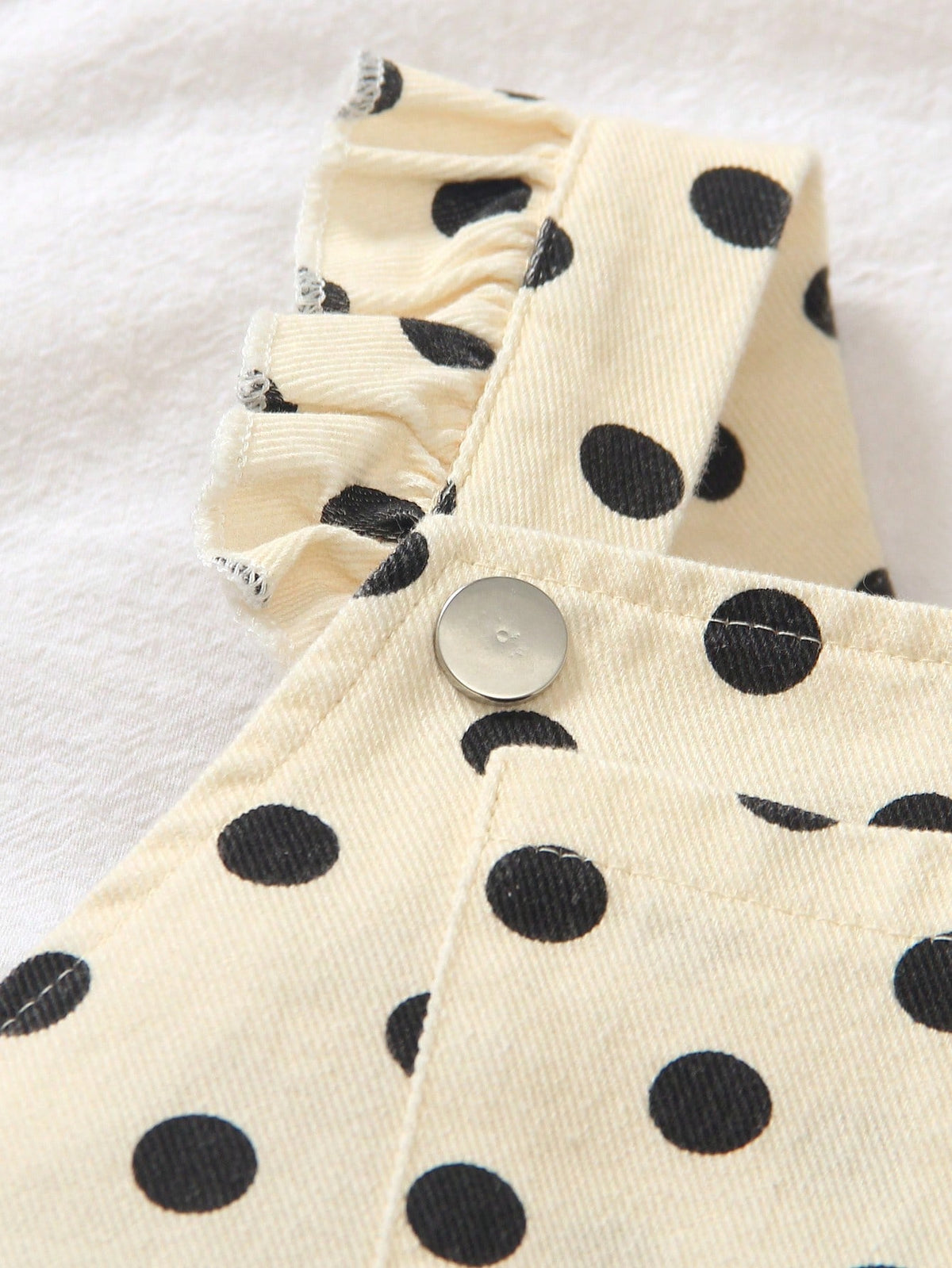 Vintaside Kids 1pc Baby Girl Vintage Cream White With Black Polka Dot Denim Casual Cute Overall Jumpsuit, Ruffle Shoulder Straps, Large Pockets, Loose Wide Leg, Suitable For Outings, Parties, Ba