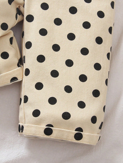 Vintaside Kids 1pc Baby Girl Vintage Cream White With Black Polka Dot Denim Casual Cute Overall Jumpsuit, Ruffle Shoulder Straps, Large Pockets, Loose Wide Leg, Suitable For Outings, Parties, Ba