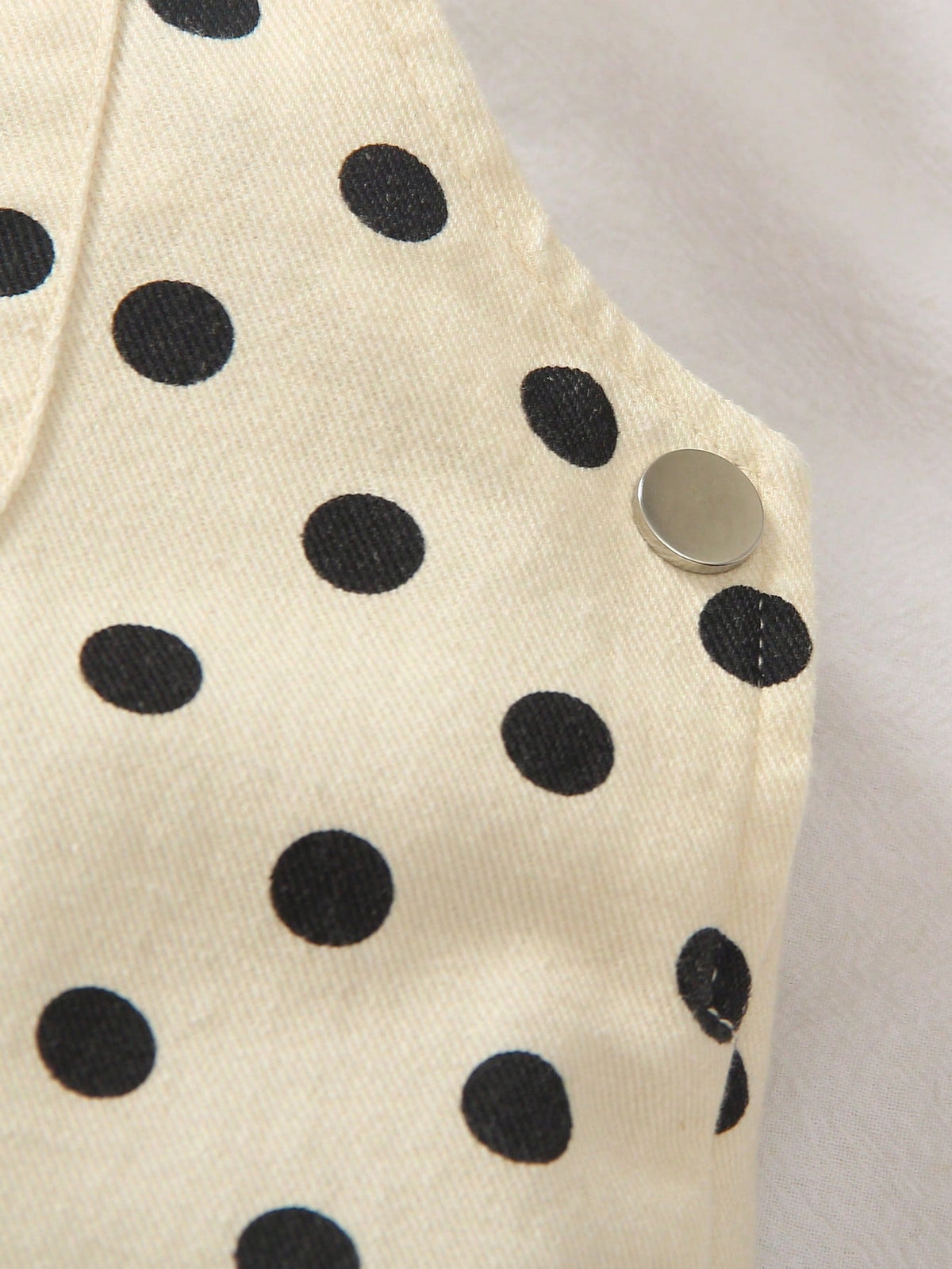 Vintaside Kids 1pc Baby Girl Vintage Cream White With Black Polka Dot Denim Casual Cute Overall Jumpsuit, Ruffle Shoulder Straps, Large Pockets, Loose Wide Leg, Suitable For Outings, Parties, Ba
