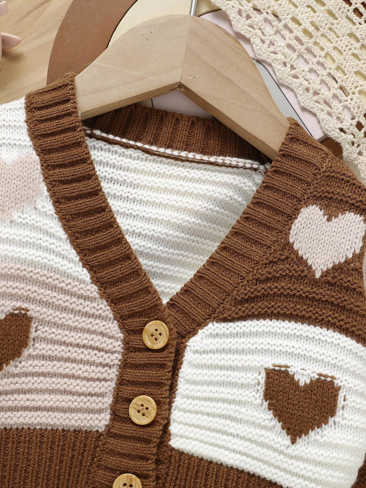 Vintaside Kids Baby Girl Heart Pattern Two Tone Button Front Cardigan