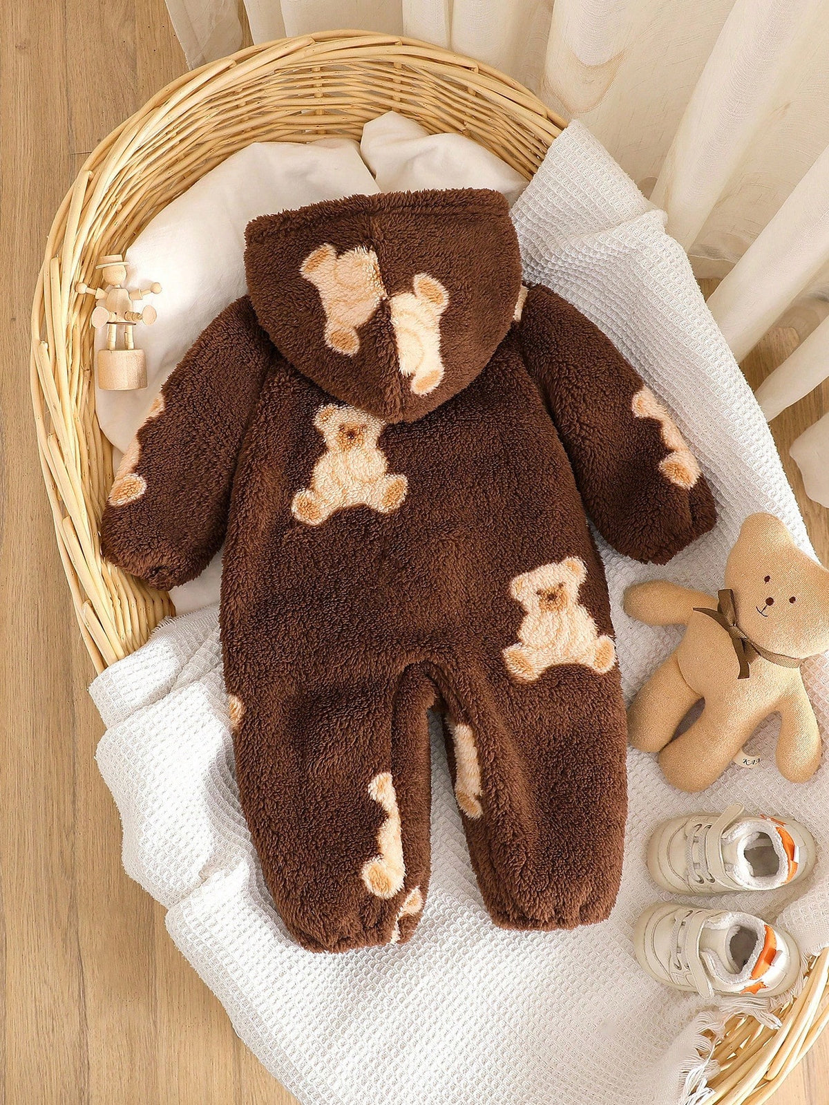Vintaside Kids Infant Boys' Cute Bear Fleece Print Long Sleeve Hooded Jumpsuit, Soft & Comfortable For Lounging & Casual Wear, Autumn/Winter Fall