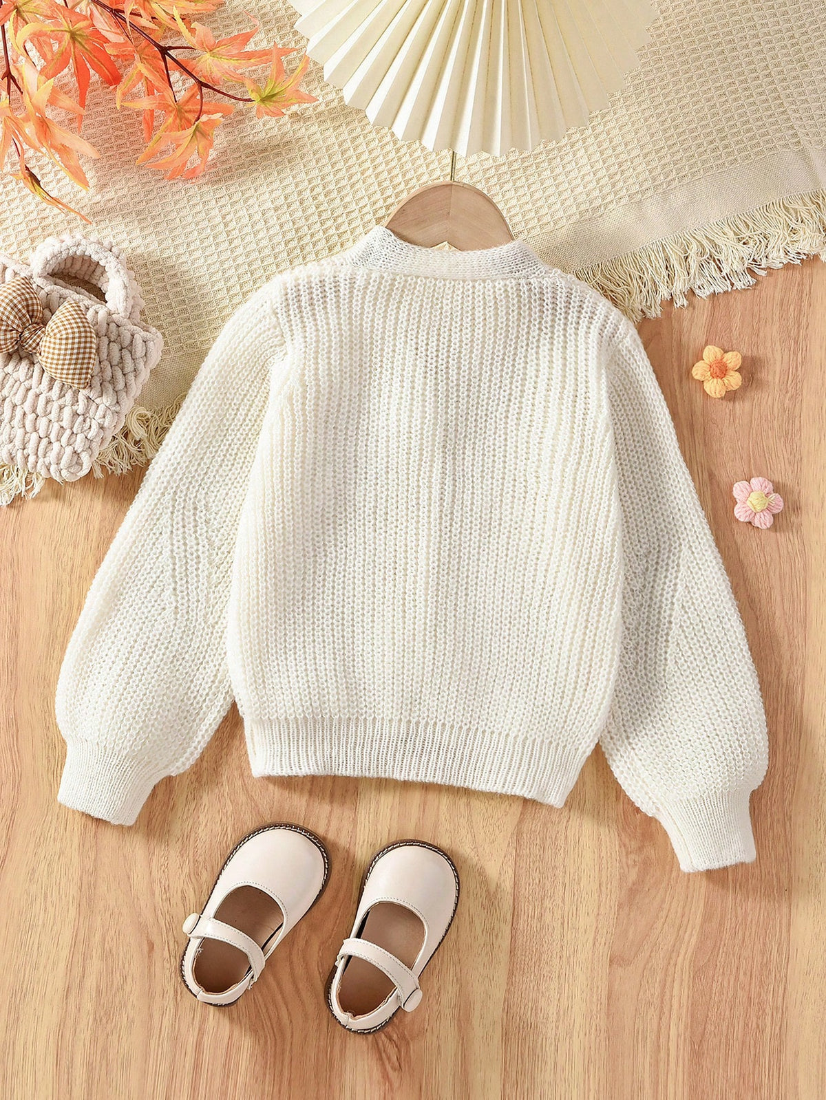 Vintaside Kids Toddler Girls Cardigans,V-Neck Lantern Sleeve Knit Sweater Jacket,Back-To-School 80s Style,White,Winter,School,Textured Comfortable Cute Lightweight