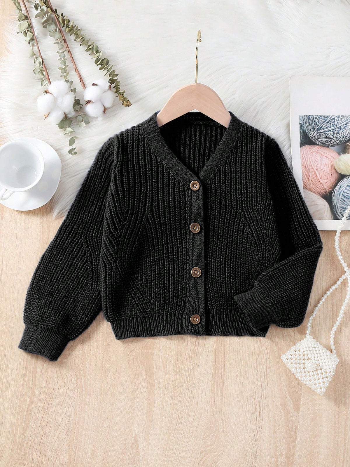 Vintaside Kids Toddler Girls Cardigans,V-Neck Lantern Sleeve Knit Sweater Jacket,Back-To-School 80s Style,White,Winter,School,Textured Comfortable Cute Lightweight