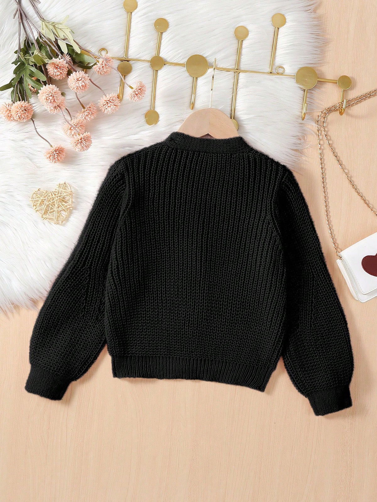 Vintaside Kids Toddler Girls Cardigans,V-Neck Lantern Sleeve Knit Sweater Jacket,Back-To-School 80s Style,White,Winter,School,Textured Comfortable Cute Lightweight