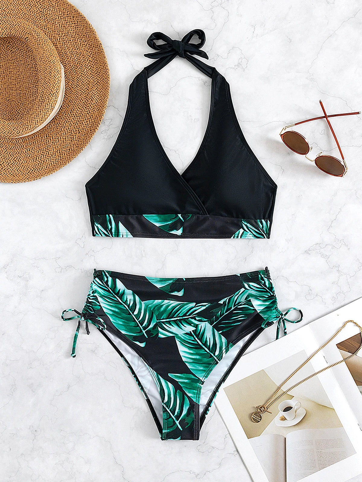 Voyashape Summer Beach Tropical Print Drawstring Side High Waisted Bikini