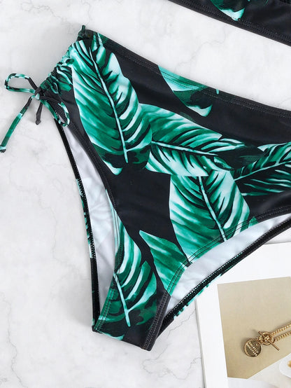 Voyashape Summer Beach Tropical Print Drawstring Side High Waisted Bikini