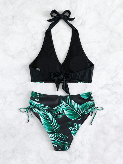 Voyashape Summer Beach Tropical Print Drawstring Side High Waisted Bikini