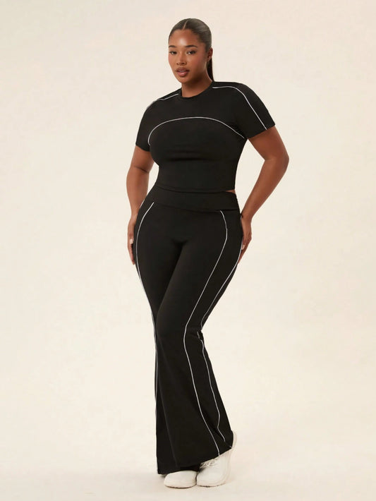Voyena Plus Size Women's Short Sleeve T-Shirt And Flare Pants Casual Sports Set Fall Daily Lounging, Casual Wear, Running, And Going Out Yoga