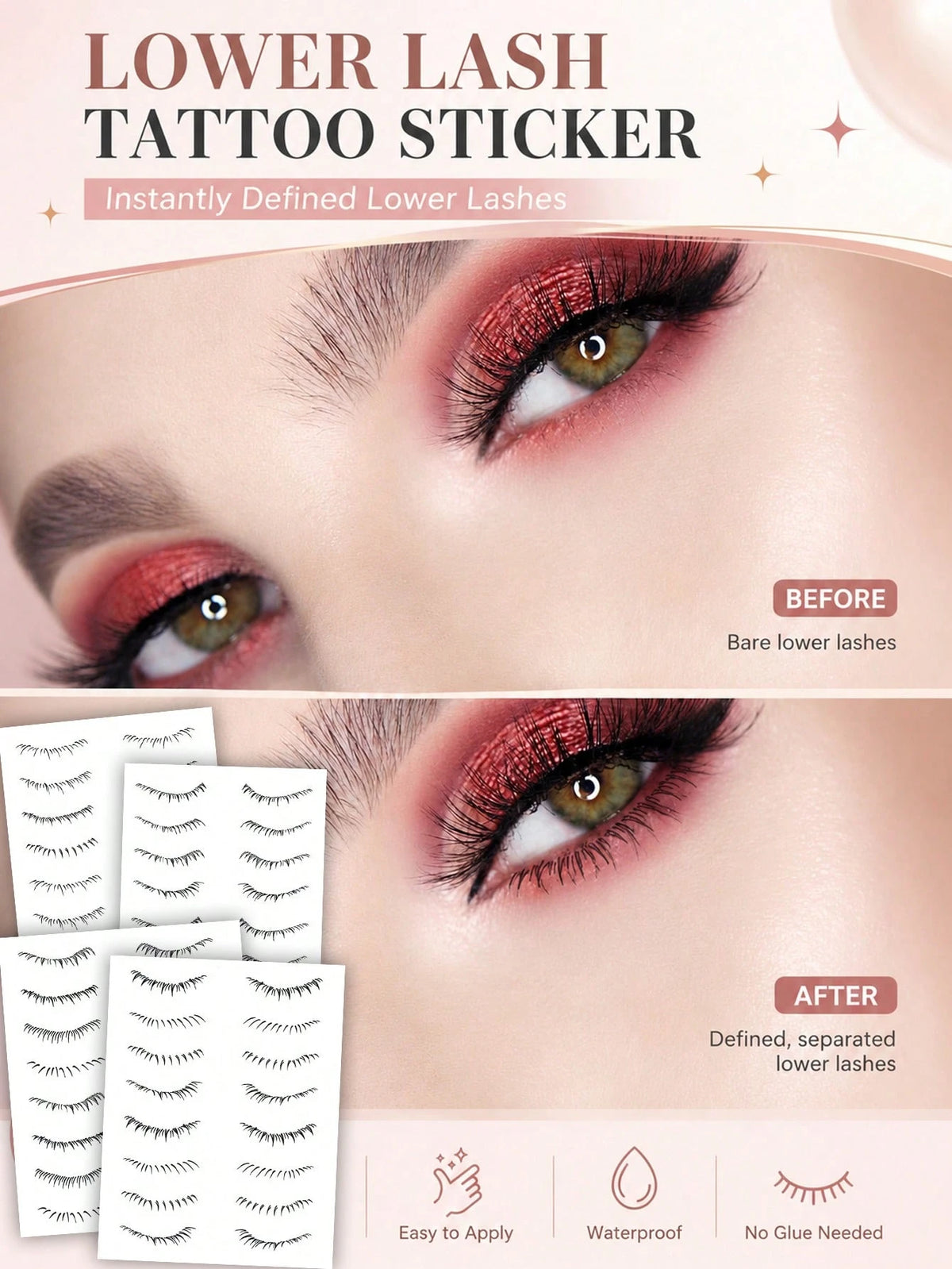 Waterproof Lower Lash Tattoo Stickers, Long Lasting False Eyelash Decals, Natural Bottom Lash Enhancement, No Glue Needed, Easy Apply Disposable Eyelash Stickers, Instant Defined Lower Lashes Makeup T